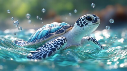 Obraz premium Adorable baby sea turtle swimming ocean waves, nature background, kids book illustration