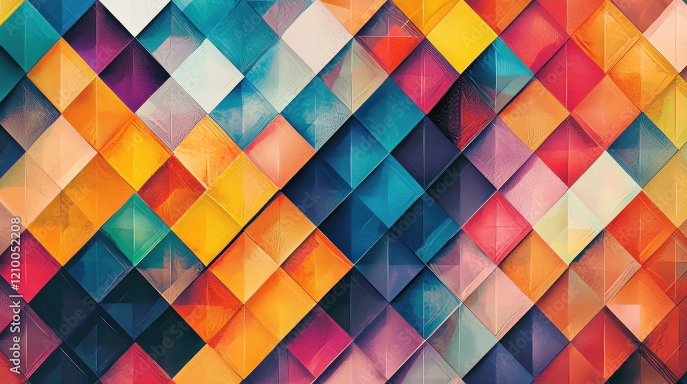 Poster a colorful, abstract mosaic of geometric patterns, blending warm and cool tones in a harmonious, mod