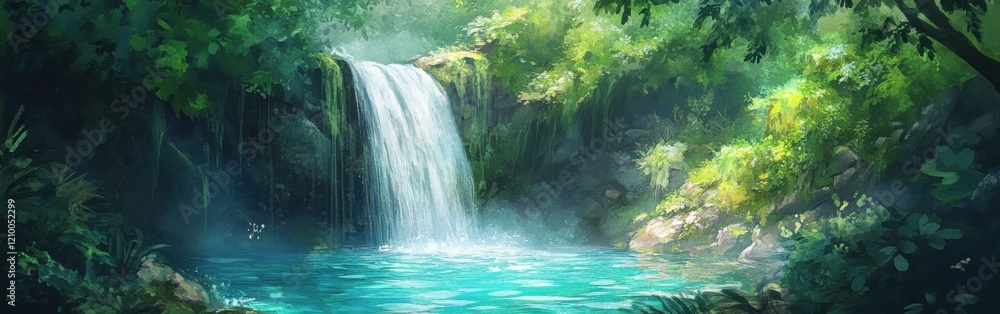 Aufkleber Serene waterfall cascading into a tranquil pool surrounded by lush greenery in a peaceful forest setting