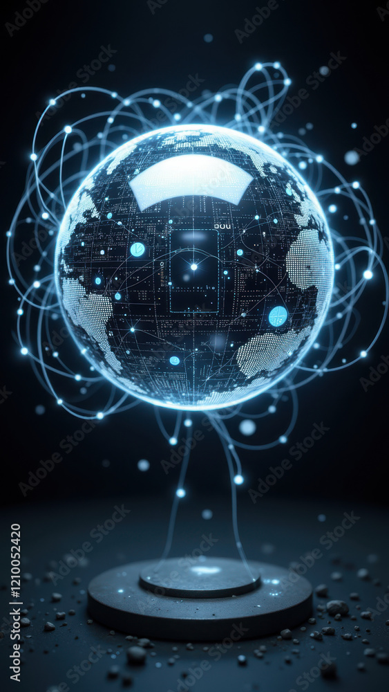 Poster a globe with ai circuitry emanating light beams on a dark background.