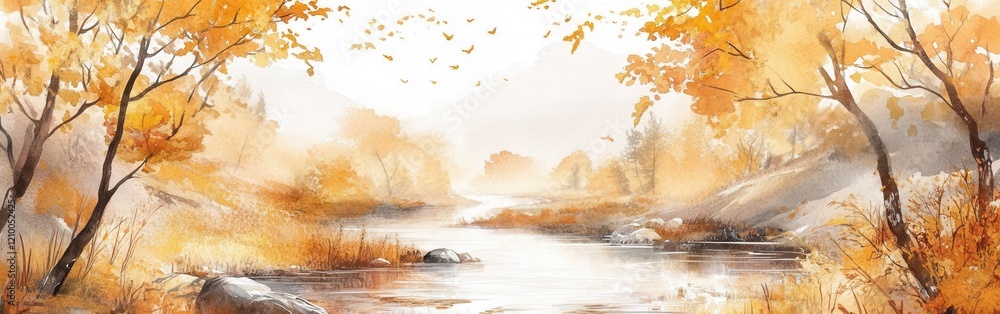 Poster autumn river landscape with golden trees and soft sunlight reflecting on the water in a serene and t