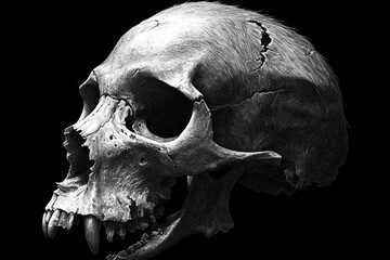 Obraz premium Detailed skull drawing, profile view, black background, artistic rendering, for horror/medical use
