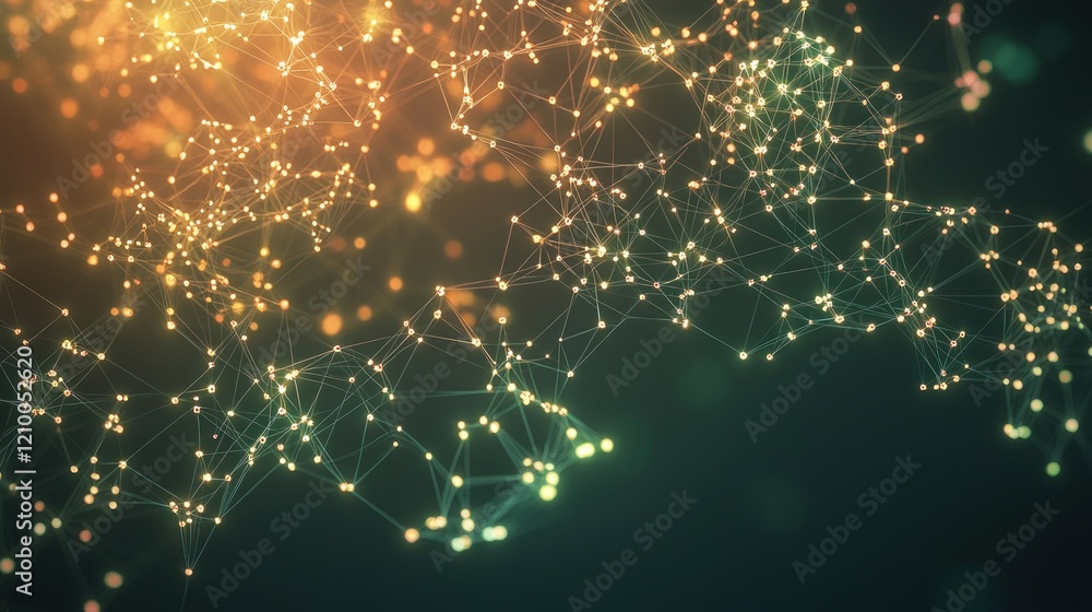 Poster a digital network of glowing nodes and connections, forming a complex web against a dark, gradient b