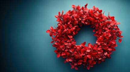 Red leaf wreath, teal background, holiday decor