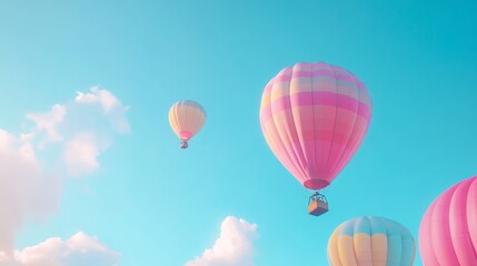 Fototapeta premium Colorful hot air balloon floating in clear blue sky, bright and vivid colors, peaceful and serene, soft clouds in the background