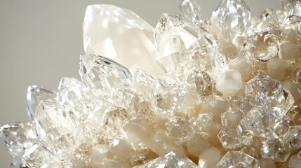 Sparkling quartz cluster close-up, light background, interior setting, spiritual use