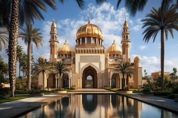 Naklejka premium Majestic Golden-Domed Palace with Reflection Pool 
