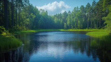 A serene lake surrounded by a lush green forest under a bright blue sky with clouds