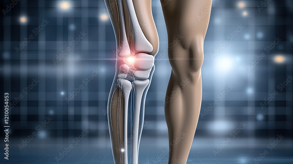 Poster close-up view of a knee joint 3d rendering, perfect for educational materials with space for text an