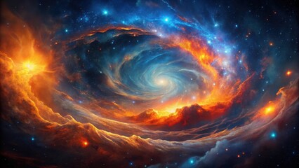 Cosmic Landscape A swirling nebula of vibrant orange and blue hues, fiery mountains emerging from a celestial vortex, stars scattered across a dark expanse.