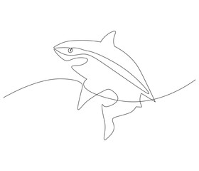 Continuous one line drawing of shark. Single line drawing illustration of shark saltwater. Logo,symbols and design style Concept vector art. Doodle line illustration.