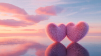 Fototapeta premium Two pink furry hearts in the Calm lake,beautiful view of the sunset in the background,Romantic Valentine's Day