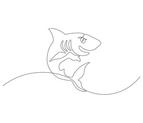 Continuous one line drawing of shark. Single line drawing illustration of shark saltwater. Logo,symbols and design style Concept vector art. Doodle line illustration.