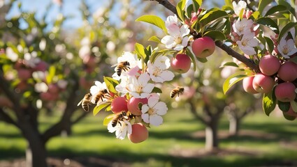 Bees Pollinating Apple Blossoms in Orchard on Sunny Spring Day