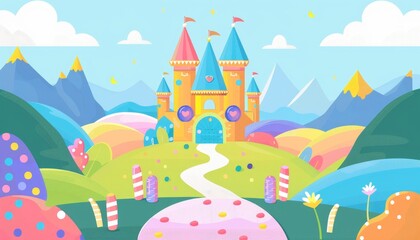 A whimsical cartoon castle with candy land landscape.