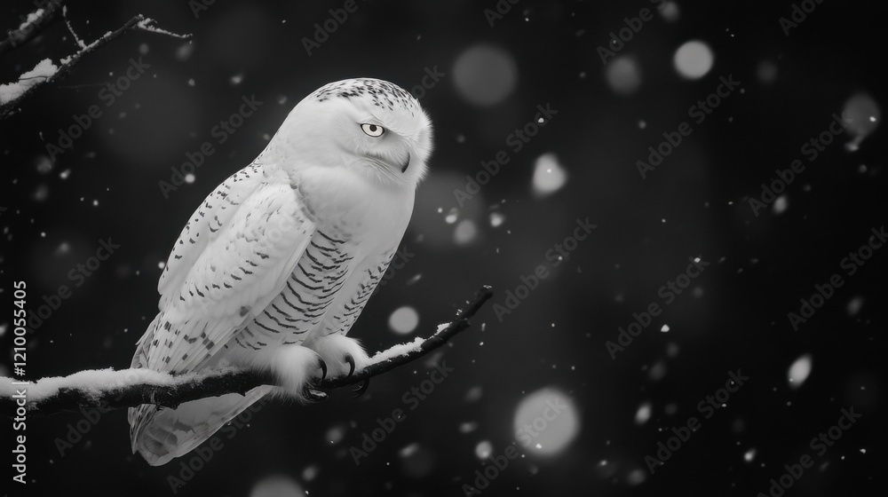 Aufkleber snowy owl perched on a branch during a gentle snowfall in a serene winter environment