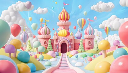 A whimsical castle surrounded by colorful hills and balloons, creating a magical and enchanting scene.