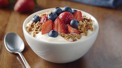 A bowl of creamy yogurt topped with fresh blueberries, strawberries, and granola, placed on a wooden table with a spoon beside it, creating a healthy breakfast vibe.
