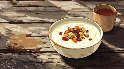 A bowl of yogurt topped with nuts and dried fruits, placed on a rustic wooden table with a cup of herbal tea beside it.