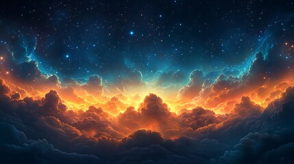 Fototapeta premium Celestial Glow: A breathtaking digital painting depicts a vibrant nebula above a sea of clouds, fiery oranges and yellows contrasting with deep blues and sparkling stars.
