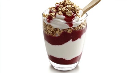 A close-up shot of a yogurt parfait glass with layers of fruit puree, yogurt, and granola, served with a wooden spoon.