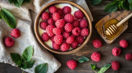 A bowl of yogurt with granola, honey, and fresh raspberries, placed on a rustic wooden table with a kitchen towel beside it.