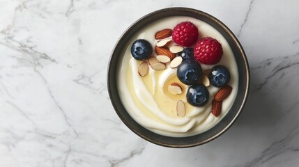 A creamy yogurt bowl with a swirl of honey, topped with blueberries, raspberries, and sliced almonds, placed on a marble surface.