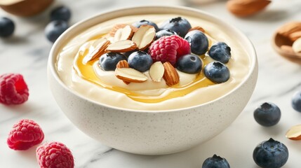 A creamy yogurt bowl with a swirl of honey, topped with blueberries, raspberries, and sliced almonds, placed on a marble surface.
