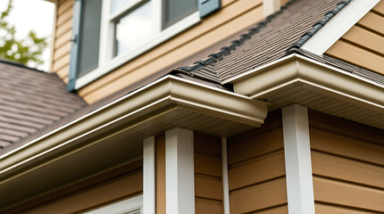 Fototapeta premium Modern House Exterior: Close-up of a Beige House with Brown Roof and Beige Gutters. High-quality image showcasing architectural details and home design.