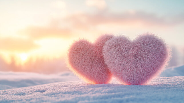 Two pink furry hearts in the snow,beautiful view of the sunset in the background,Romantic Valentine's Day