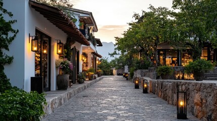 Obraz premium Charming Evening Pathway with Lanterns in an Elegant Historic Village Setting