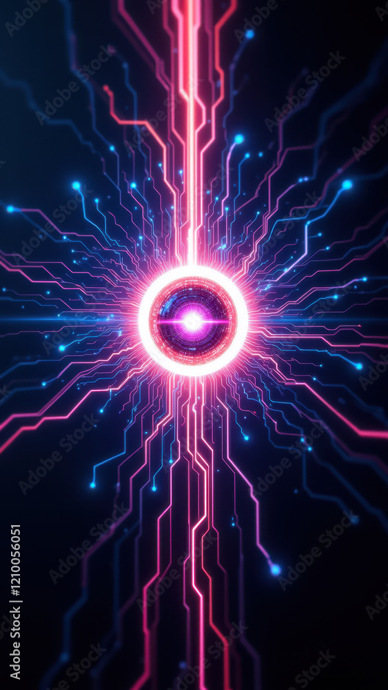Poster ai-powered technological neural network visual representation with a futuristic pink and purple glow