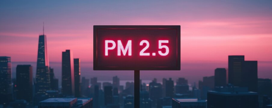 PM2.5 concept. A digital display shows "PM 2.5," indicating air quality levels against a backdrop of a city skyline at sunset.