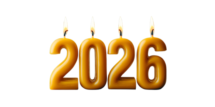 Png of Golden "2026" Candle Numbers with Flames – Festive New Year Celebration Concept on transparent background.