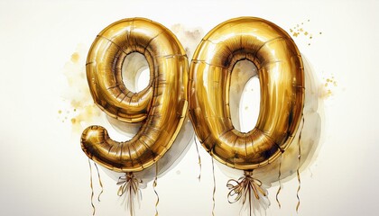 Gold birthday / anniversary party balloon, number 90, watercolor painting with white background