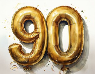 Gold birthday / anniversary party balloon, number 90, watercolor painting with white background