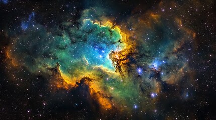 Fototapeta premium Colorful space nebula with glowing stars, deep cosmic colors, vibrant and dynamic, high detail, infinite and magical, bright and dreamy
