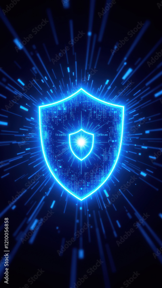 Poster blue ai cybersecurity shield icon with digital effect background for tech industry use.