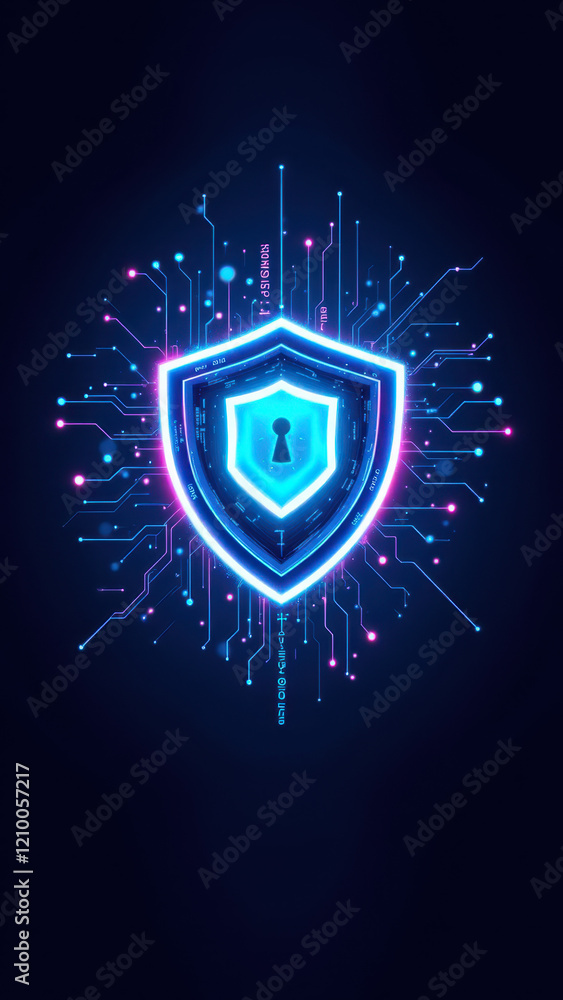 Poster a futuristic shield emblem with vibrant digital patterns signifying ai security.