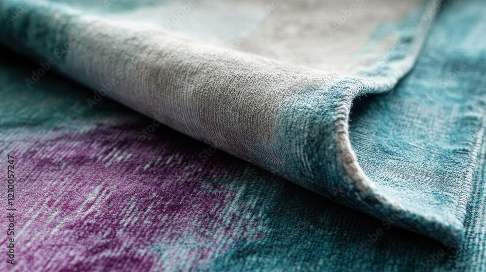 Poster detailed close-up of a minimalist rug showcasing a blend of cool tones and soft textures ideal for m