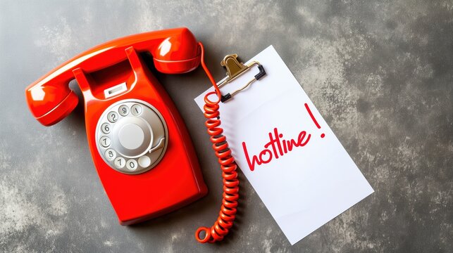 Red Retro Rotary Phone and Hotline Note on Grey Surface