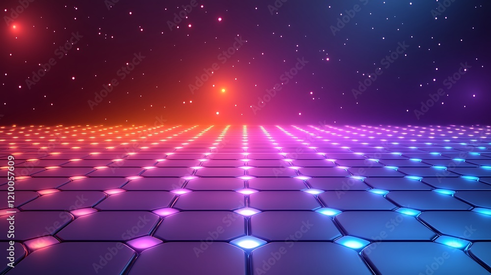 Poster cybernetic dreamscape: a mesmerizing abstract landscape with a futuristic grid of glowing hexagonal 