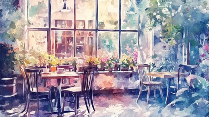 Obraz premium Colorful watercolor illustration of a cozy cafe interior, warm pastel tones, large windows with plants and flowers, charming and inviting atmosphere, artistic design