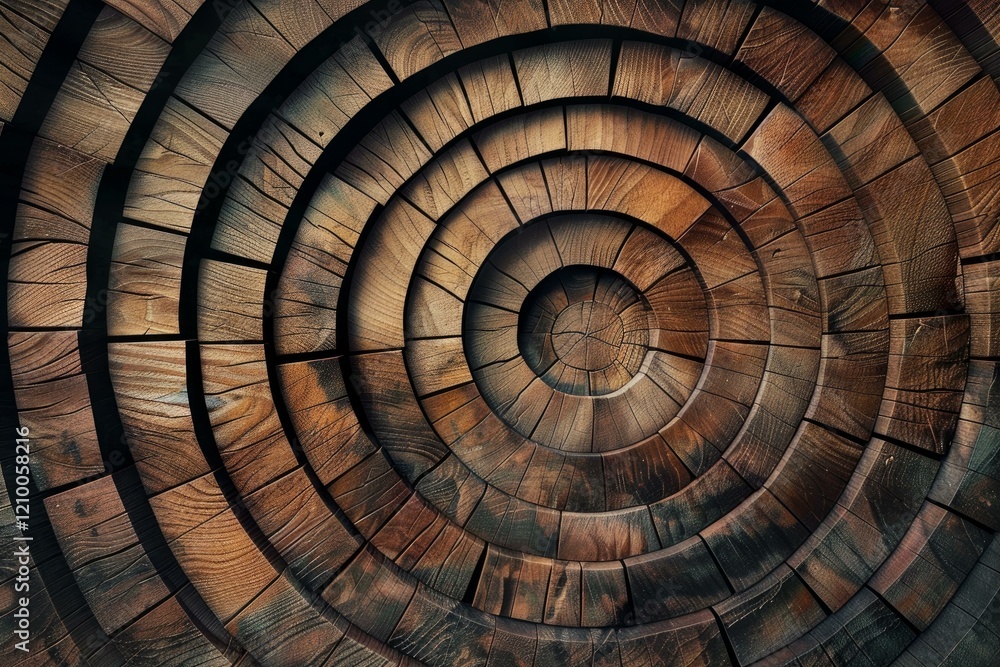 Poster wooden blocks arranged in a captivating concentric pattern, creating a visually striking design