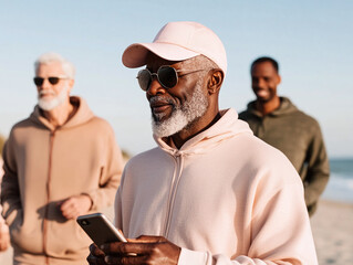 Group of seniors in fashionable athleisure outfits, tracking fitness goals on their smartphones after a morning jog..
