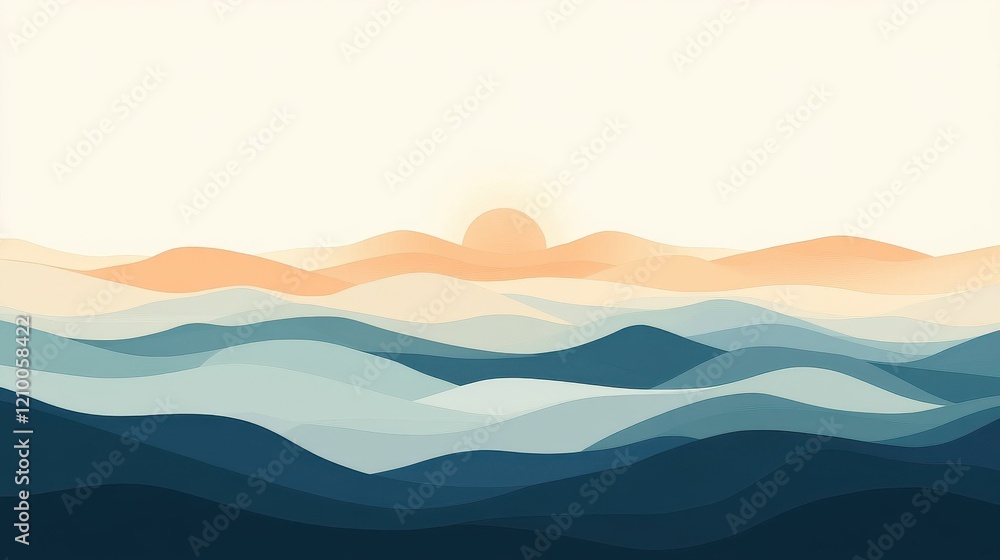 Poster gradual transition of colors in minimalist landscape representing a serene sunset over gentle waves