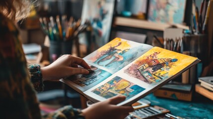 Fototapeta premium A person flipping through a graphic design book, showcasing vivid illustrations and creative concepts, with a soft-focus background of a cozy studio filled with art supplies.