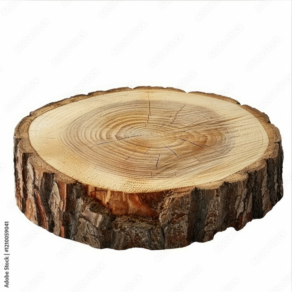 Poster smooth surface of a cross section of a tree trunk with visible growth rings, isolated on white backg