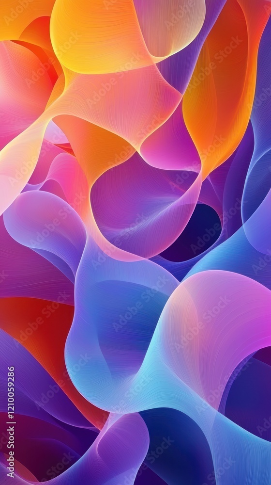 Poster a colorful, abstract design of overlapping, translucent layers in bold, gradient hues, creating dept