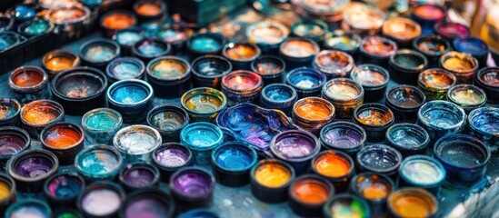 Colorful paint pots, outdoor market, vibrant hues, artistic background, craft supply